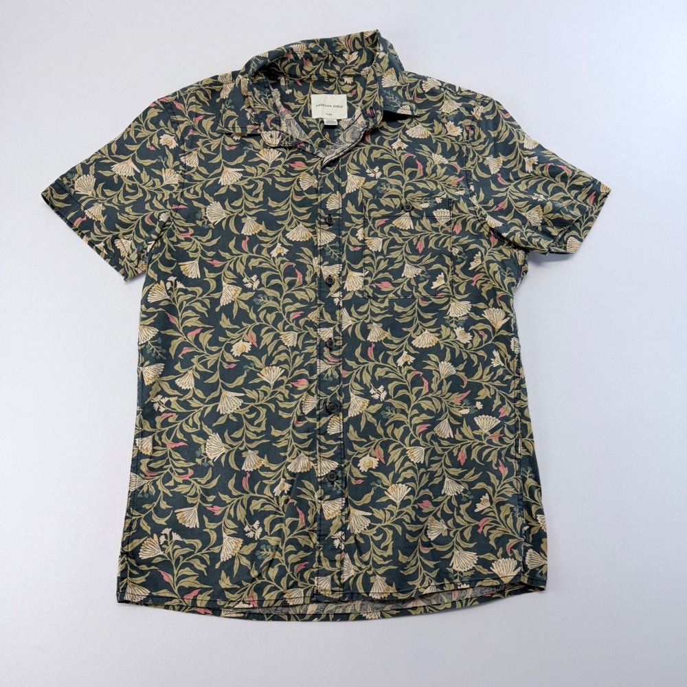 American Eagle Flex Mens Small Floral Vine Short Sleeve Button Down Shirt Teal